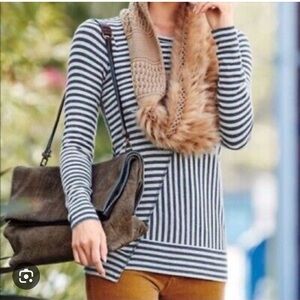 CAbi #3228 Ernest Stripe Knit Tee Tunic Top Navy Oatmeal Sz L